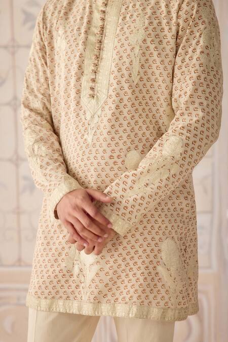 Shyam Narayan Prasad_Off White Silk, Brocade, Cotton Satin Embroidery, Antique Kurta And Pant Set _Online_at_Aza_Fashions