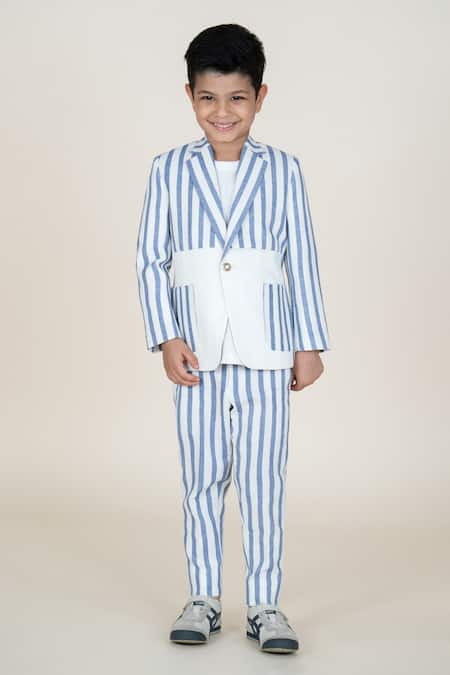 Shop_Little Boys Closet_Blue Linen Striped Blazer And Pant Set _at_Aza_Fashions