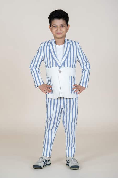 Little Boys Closet Blue Linen Striped Blazer And Pant Set 
