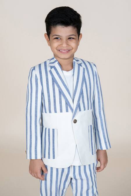 Little Boys Closet_Blue Linen Striped Blazer And Pant Set _Online_at_Aza_Fashions