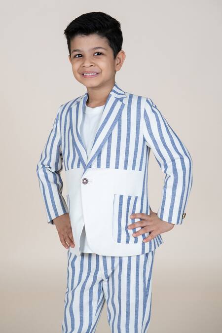 Buy_Little Boys Closet_Blue Linen Striped Blazer And Pant Set _Online_at_Aza_Fashions