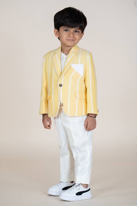 Little Boys Closet_Yellow Linen Striped Blazer And Pant Set _Online_at_Aza_Fashions