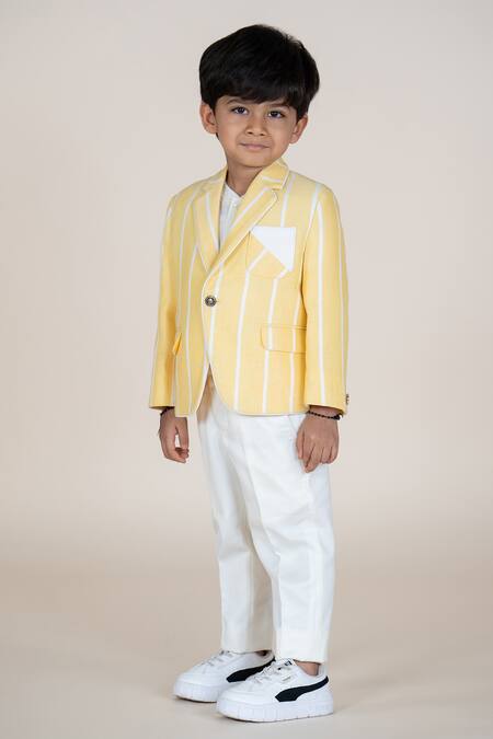 Buy_Little Boys Closet_Yellow Linen Striped Blazer And Pant Set _Online_at_Aza_Fashions