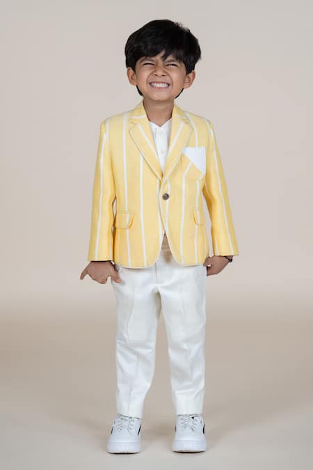 Shop_Little Boys Closet_Yellow Linen Striped Blazer And Pant Set _at_Aza_Fashions