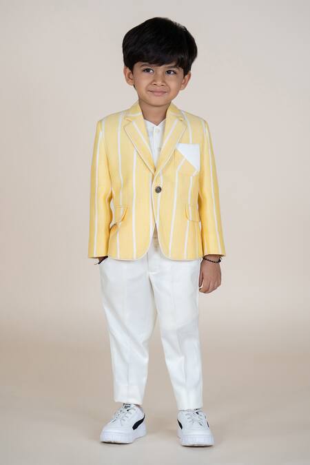 Shop_Little Boys Closet_Yellow Linen Striped Blazer And Pant Set _Online_at_Aza_Fashions