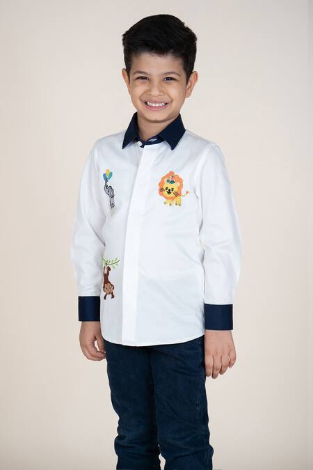 Little Boys Closet_White Cotton Satin Embroidery Designer Boys' Shirt _Online_at_Aza_Fashions
