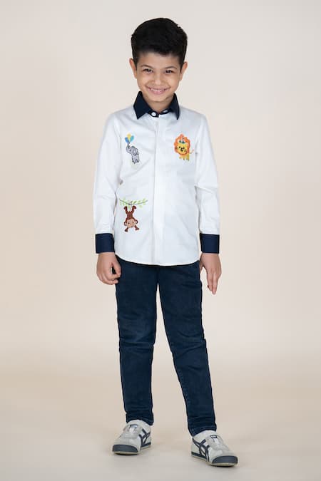 Little Boys Closet White Cotton Satin Embroidery Designer Boys' Shirt 