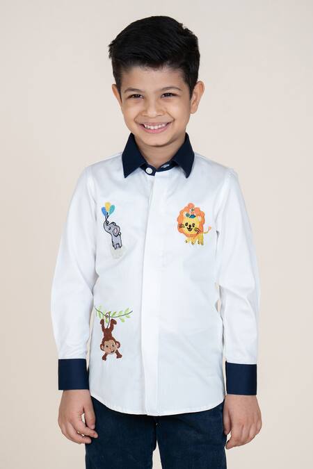 Shop_Little Boys Closet_White Cotton Satin Embroidery Designer Boys' Shirt _Online_at_Aza_Fashions