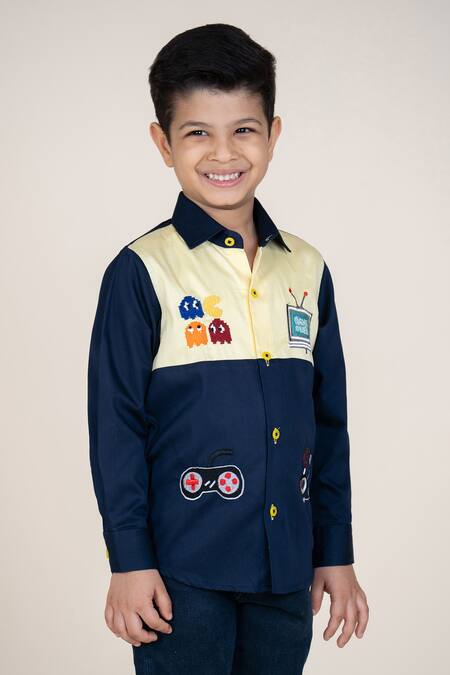 Little Boys Closet_Blue Cotton Satin Embroidery And Yellow Designer Shirt _Online_at_Aza_Fashions