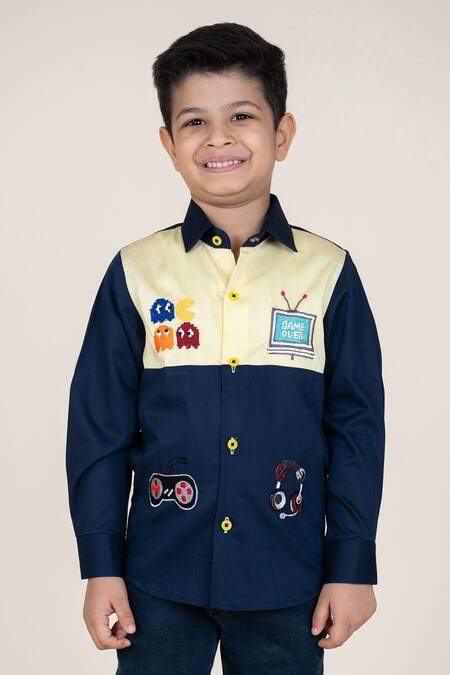 Shop_Little Boys Closet_Blue Cotton Satin Embroidery And Yellow Designer Shirt _at_Aza_Fashions