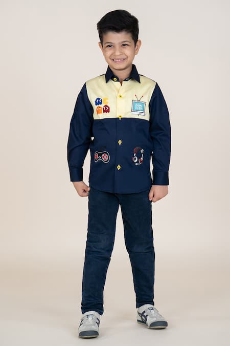Little Boys Closet Blue Cotton Satin Embroidery And Yellow Designer Shirt
