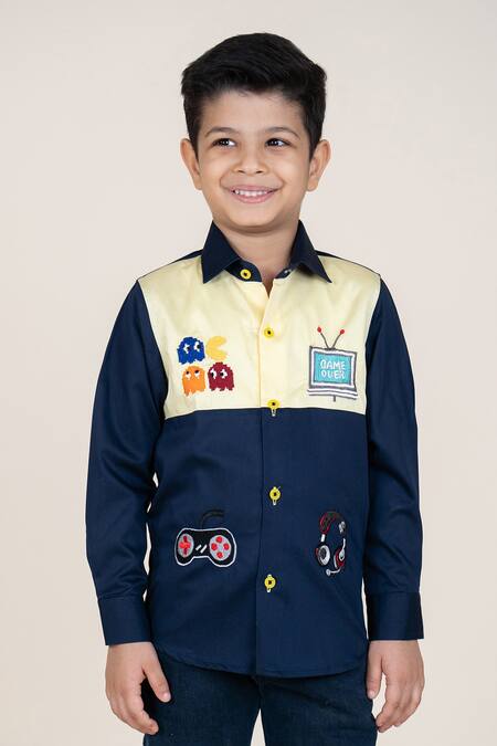Buy_Little Boys Closet_Blue Cotton Satin Embroidery And Yellow Designer Shirt _Online_at_Aza_Fashions
