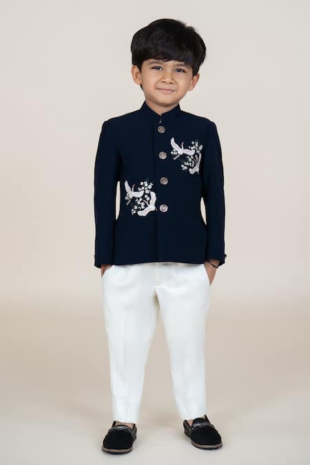 Little Boys Closet Black Polyester Embroidery Designer Bandhgala And Pant Set 