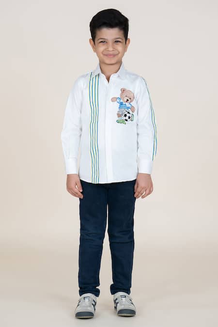 Little Boys Closet White Cotton Satin Embroidery Shirt With Bear 