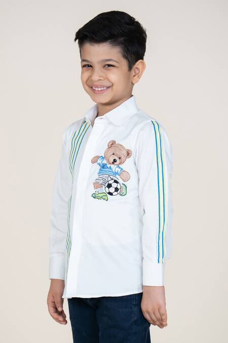 Little Boys Closet_White Cotton Satin Embroidery Shirt With Bear_Online_at_Aza_Fashions