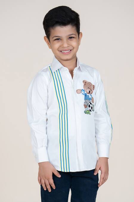 Buy_Little Boys Closet_White Cotton Satin Embroidery Shirt With Bear_Online_at_Aza_Fashions