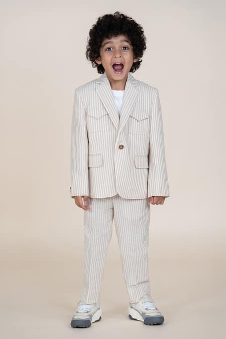 Little Boys Closet Beige Striped Blazer & Pant Set 