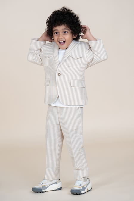 Little Boys Closet Beige Linen Striped Blazer And Pant Set 