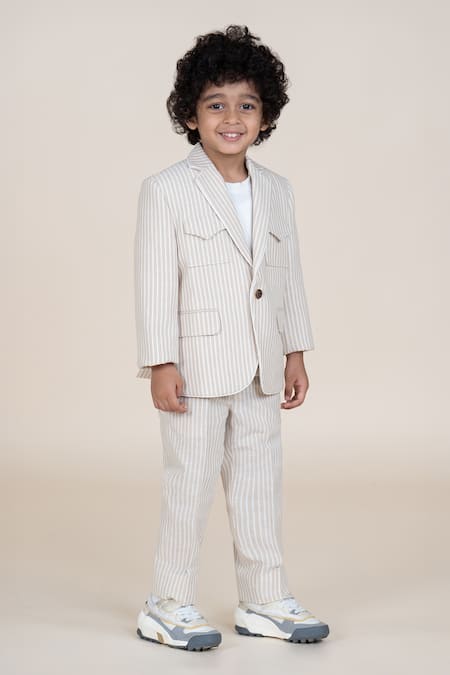 Little Boys Closet_Beige Linen Striped Blazer And Pant Set _Online_at_Aza_Fashions