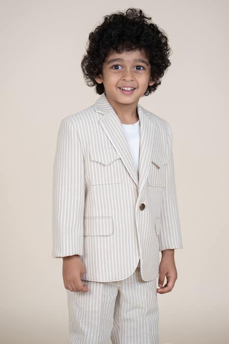 Buy_Little Boys Closet_Beige Linen Striped Blazer And Pant Set _Online_at_Aza_Fashions