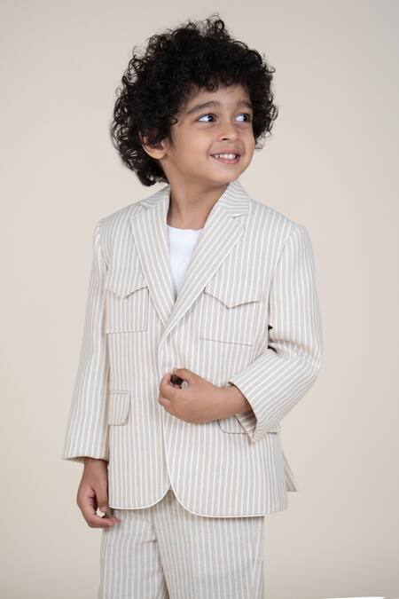 Shop_Little Boys Closet_Beige Linen Striped Blazer And Pant Set _Online_at_Aza_Fashions