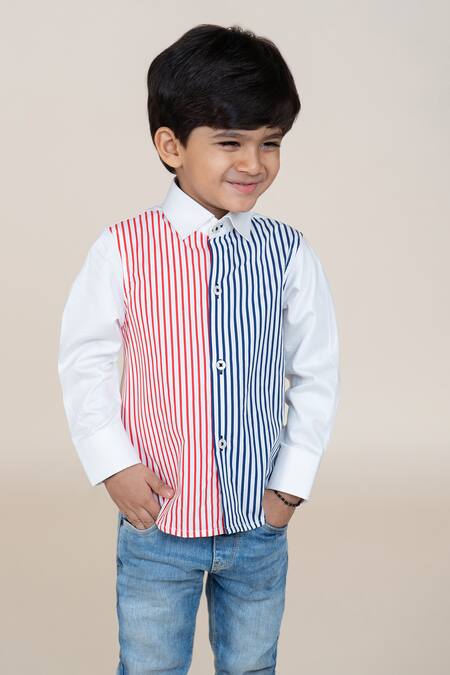 Little Boys Closet_Red Cotton Satin Striped Designer Shirt For Boys_Online_at_Aza_Fashions