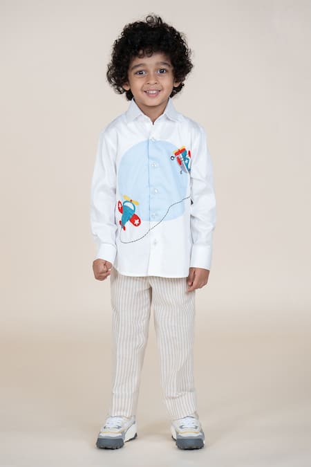 Little Boys Closet White Cotton Satin Embroidery Designer Shirt 