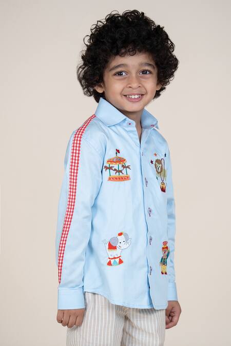 Little Boys Closet_Blue Cotton Satin Embroidery Designer Shirt_Online_at_Aza_Fashions