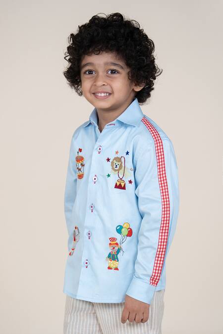 Buy_Little Boys Closet_Blue Cotton Satin Embroidery Designer Shirt_Online_at_Aza_Fashions