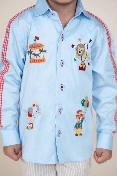 Shop_Little Boys Closet_Blue Cotton Satin Embroidery Designer Shirt_Online_at_Aza_Fashions