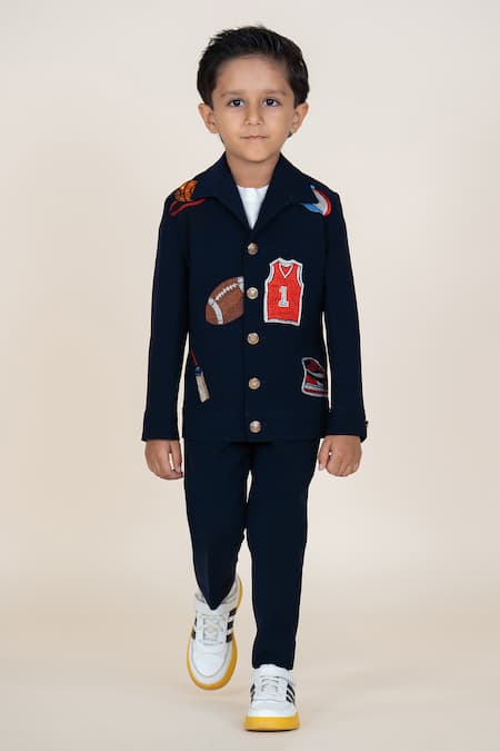 Little Boys Closet Blue Cotton Embroidery Designer Blazer And Pant Set 