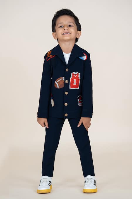 Shop_Little Boys Closet_Blue Cotton Embroidery Designer Blazer And Pant Set _at_Aza_Fashions