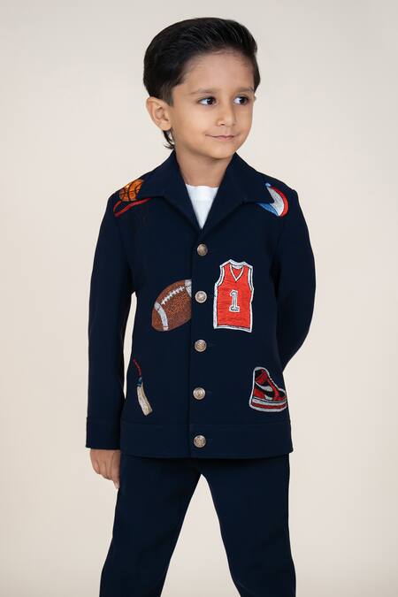 Little Boys Closet_Blue Cotton Embroidery Designer Blazer And Pant Set _Online_at_Aza_Fashions