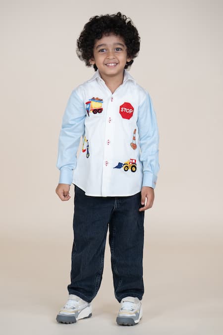 Little Boys Closet White Cotton Satin Embroidery Boys Designer Shirt 
