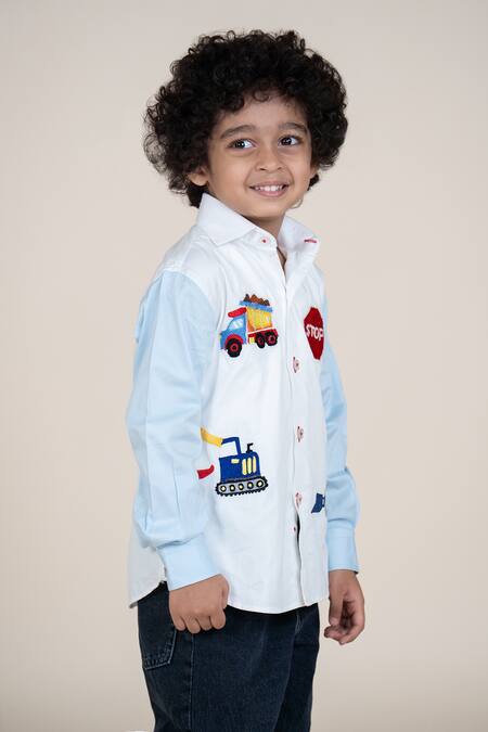 Little Boys Closet_White Cotton Satin Embroidery Boys Designer Shirt_Online_at_Aza_Fashions