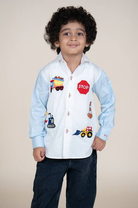 Buy_Little Boys Closet_White Cotton Satin Embroidery Boys Designer Shirt_Online_at_Aza_Fashions