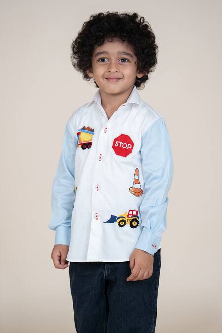 Shop_Little Boys Closet_White Cotton Satin Embroidery Boys Designer Shirt_Online_at_Aza_Fashions