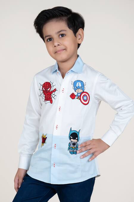 Little Boys Closet_White Cotton Satin Embroidery Superhero Shirt_Online_at_Aza_Fashions