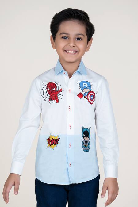 Buy_Little Boys Closet_White Cotton Satin Embroidery Superhero Shirt_Online_at_Aza_Fashions