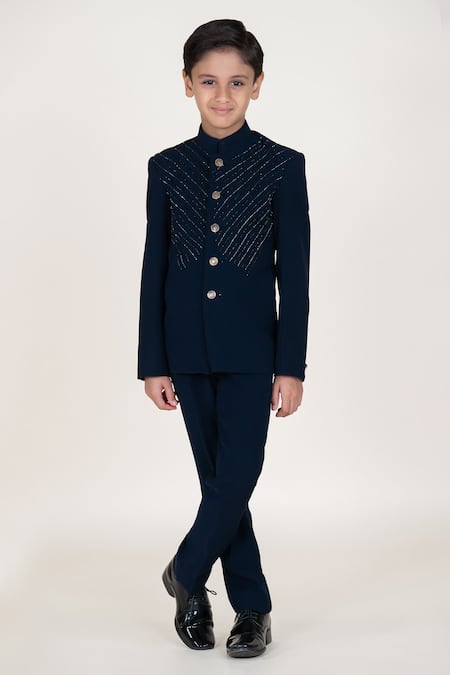 Little Boys Closet Blue Satin Embroidery Designer Bandhgala And Pant Set 