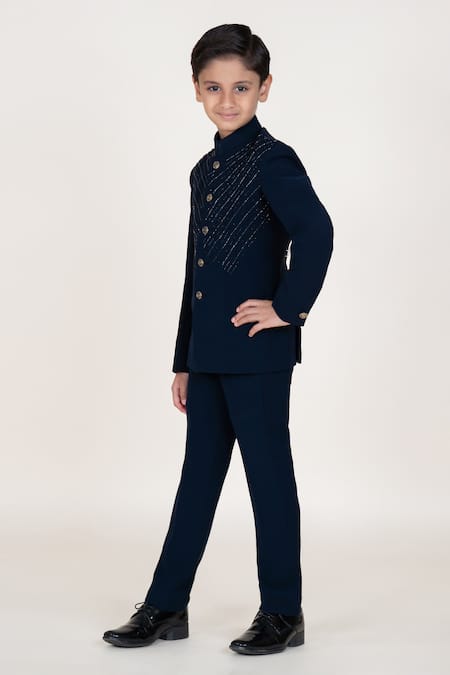 Buy Little Boys Closet Blue Satin Embroidery Designer Bandhgala And Pant Set Online at Aza Fashions Buy_Little Boys Closet_Blue Satin Embroidery Designer Bandhgala And Pant Set _Online_at_Aza_Fashions