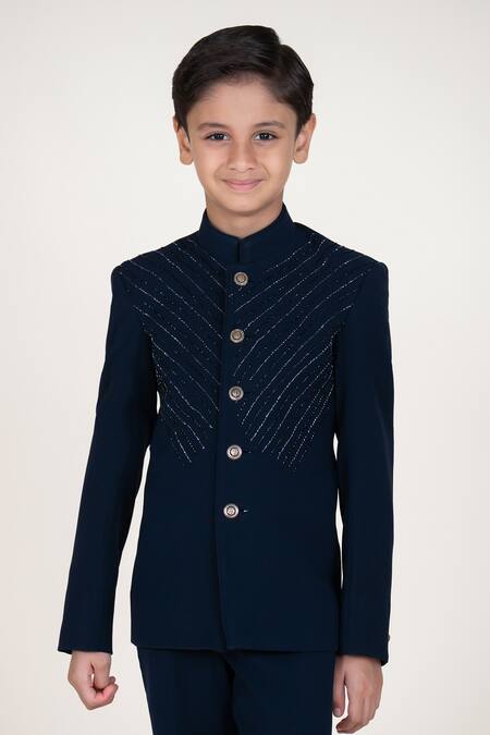 Shop Little Boys Closet Blue Satin Embroidery Designer Bandhgala And Pant Set Online at Aza Fashions Shop_Little Boys Closet_Blue Satin Embroidery Designer Bandhgala And Pant Set _Online_at_Aza_Fashions