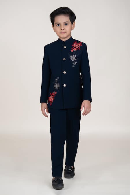 Little Boys Closet_Blue Satin Embroidery Designer Bandhgala And Pant Set _Online_at_Aza_Fashions