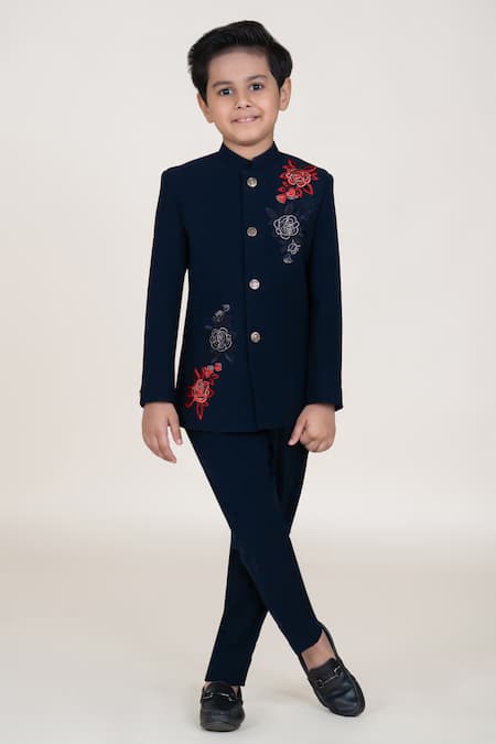 Little Boys Closet Blue Satin Embroidery Designer Bandhgala And Pant Set 