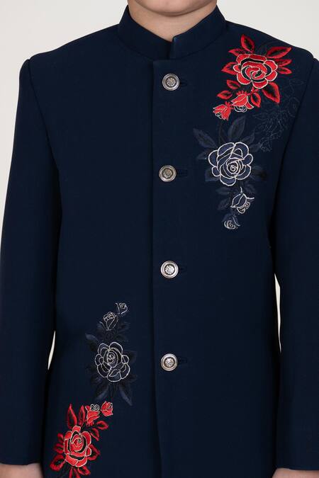 Shop_Little Boys Closet_Blue Satin Embroidery Designer Bandhgala And Pant Set _Online_at_Aza_Fashions