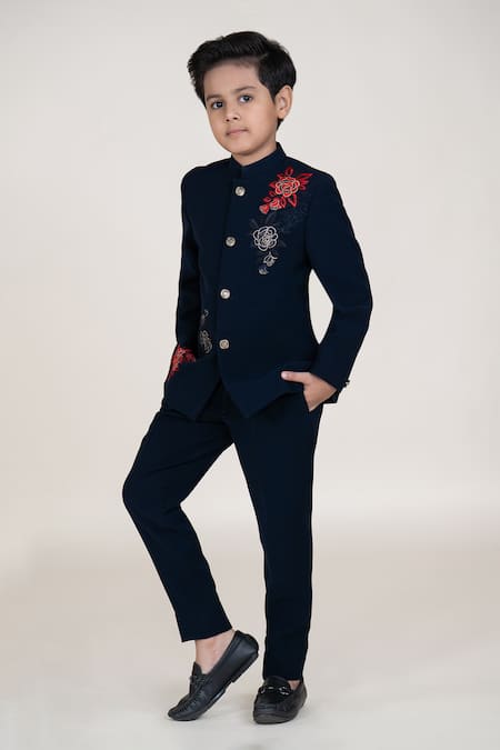 Buy_Little Boys Closet_Blue Satin Embroidery Designer Bandhgala And Pant Set 