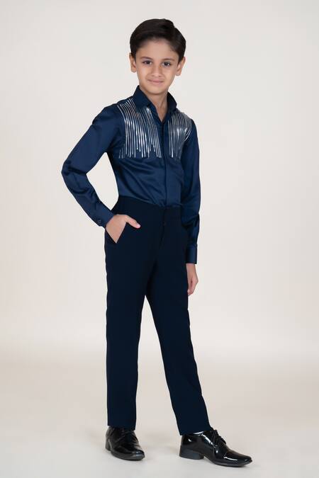 Little Boys Closet_Blue Cotton Satin Designer Shirt_Online_at_Aza_Fashions