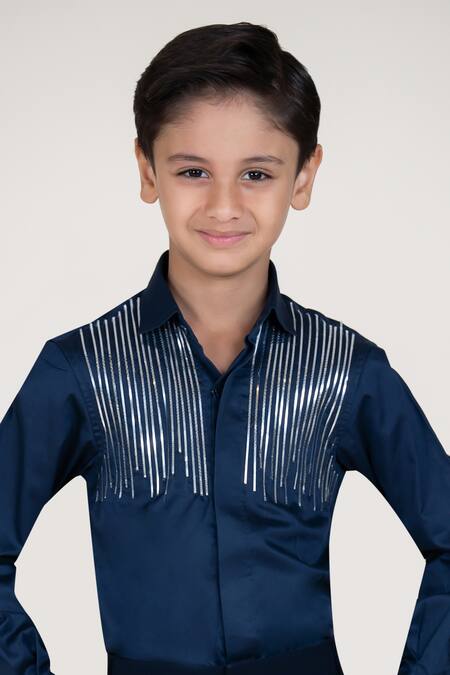Shop_Little Boys Closet_Blue Cotton Satin Designer Shirt_Online_at_Aza_Fashions