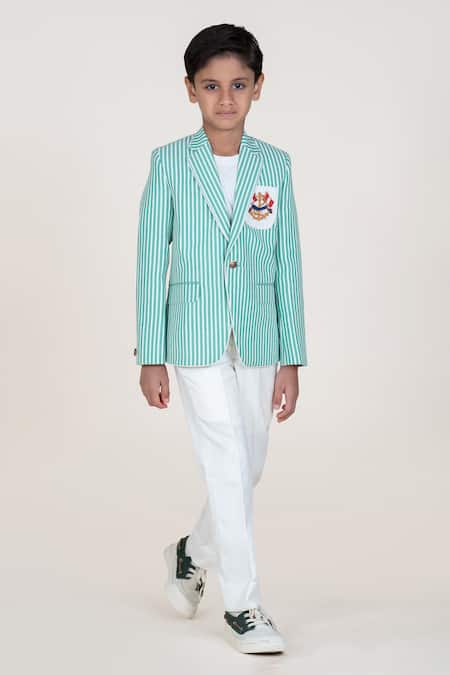 Little Boys Closet Green Cotton Embroidery Striped Boys Blazer And Pant Set 