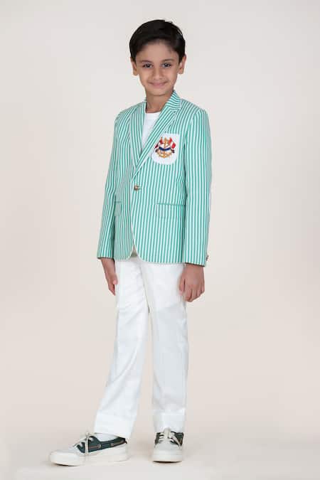 Shop_Little Boys Closet_Green Cotton Embroidery Striped Boys Blazer And Pant Set _at_Aza_Fashions